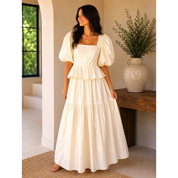 HUNTER BELL Dresses & Skirts - Hunter Bell Ivory Square Neck Puff Sleeve Backless Maxi Dress